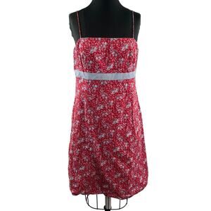 VTG Ann Taylor Red Blue Cami Dress Cotton Floral Print Square Back Tie Size 12